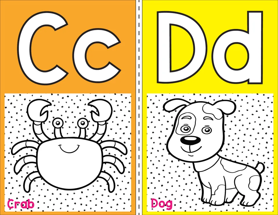 Letters C and D alphabet posters: Cc shown with a smiling crab and Dd with a spotted puppy, labeled Crab and Dog
