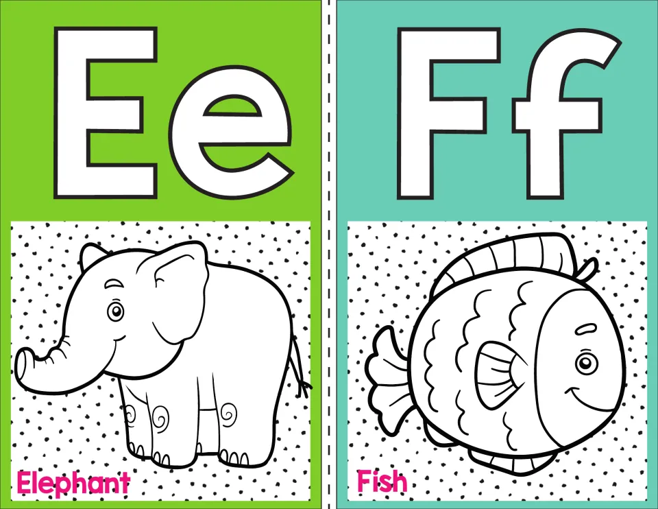 Letters E and F alphabet posters: uppercase and lowercase Ee with an elephant and Ff with a round fish, each word labeled