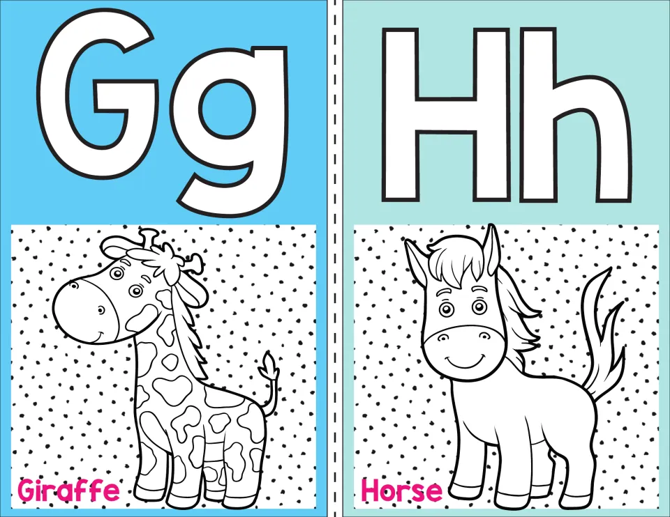 Letters G and H alphabet posters: Gg paired with a spotted giraffe and Hh paired with a smiling horse, names printed below