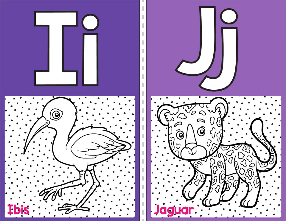 Letters I and J alphabet posters: Ii with a long-beaked ibis bird and Jj with a spotted jaguar cub, each animal labeled