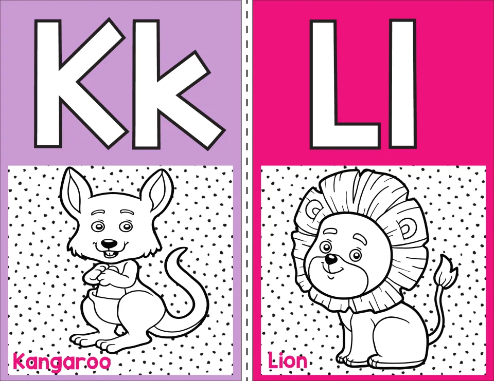 Letters K and L alphabet posters: Kk shows a kangaroo and Ll shows a maned lion, linking each letter to an animal word