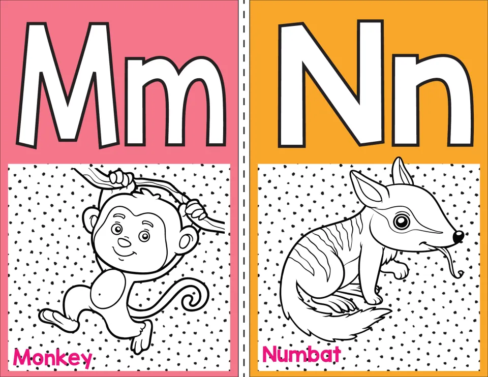 Letters M and N alphabet posters: Mm with a monkey swinging from a branch and Nn with a striped numbat, words labeled