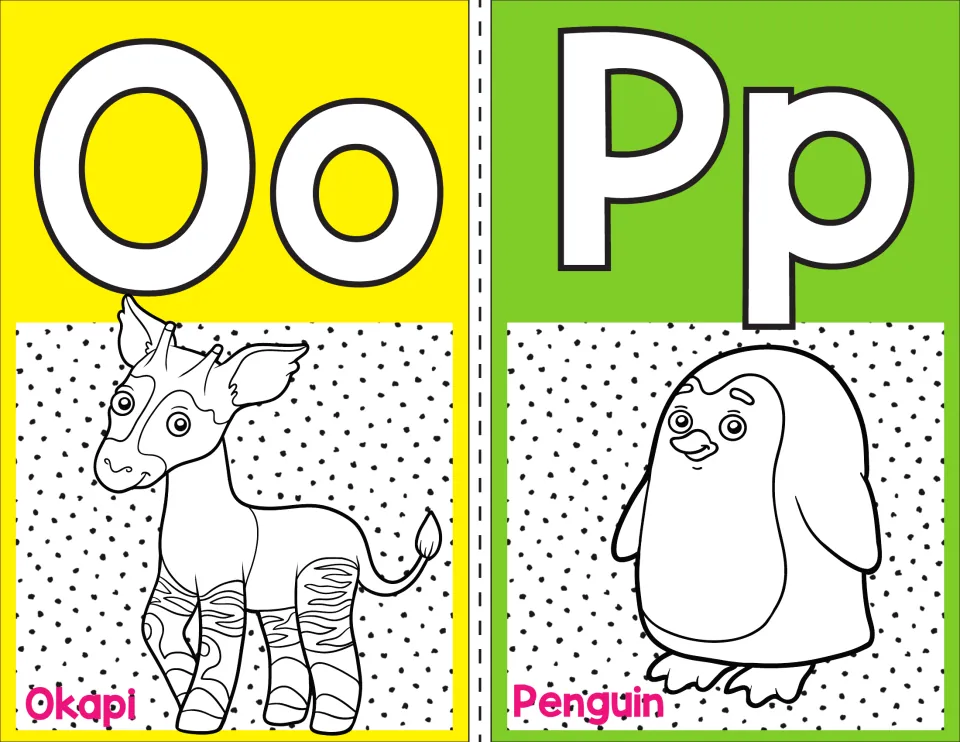 Letters O and P alphabet posters: Oo with a striped-leg okapi and Pp with a smiling penguin, each picture named below