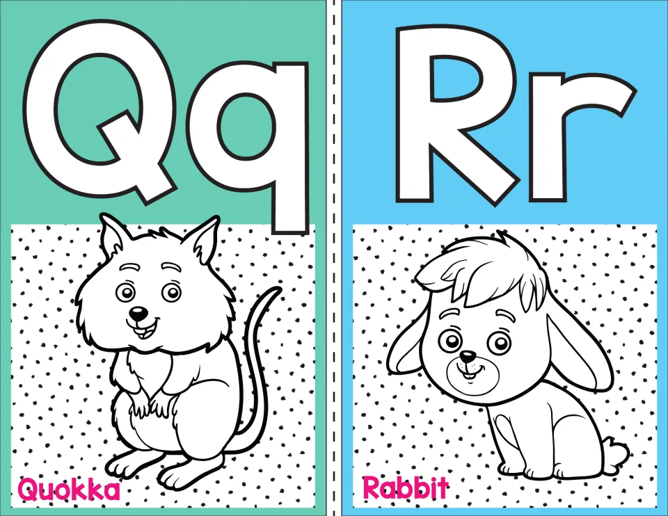 Letters Q and R alphabet posters: Qq paired with a grinning quokka and Rr paired with a floppy-eared rabbit, each labeled