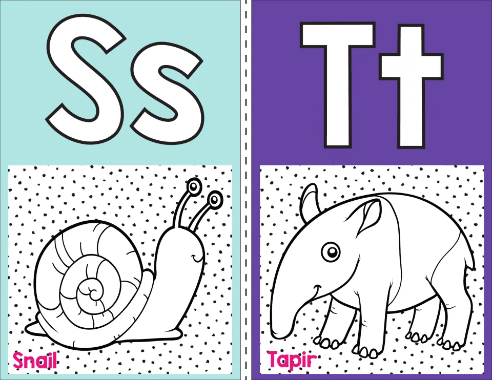 Letters S and T alphabet posters: Ss with a spiral-shelled snail and Tt with a long-snouted tapir, names written under each