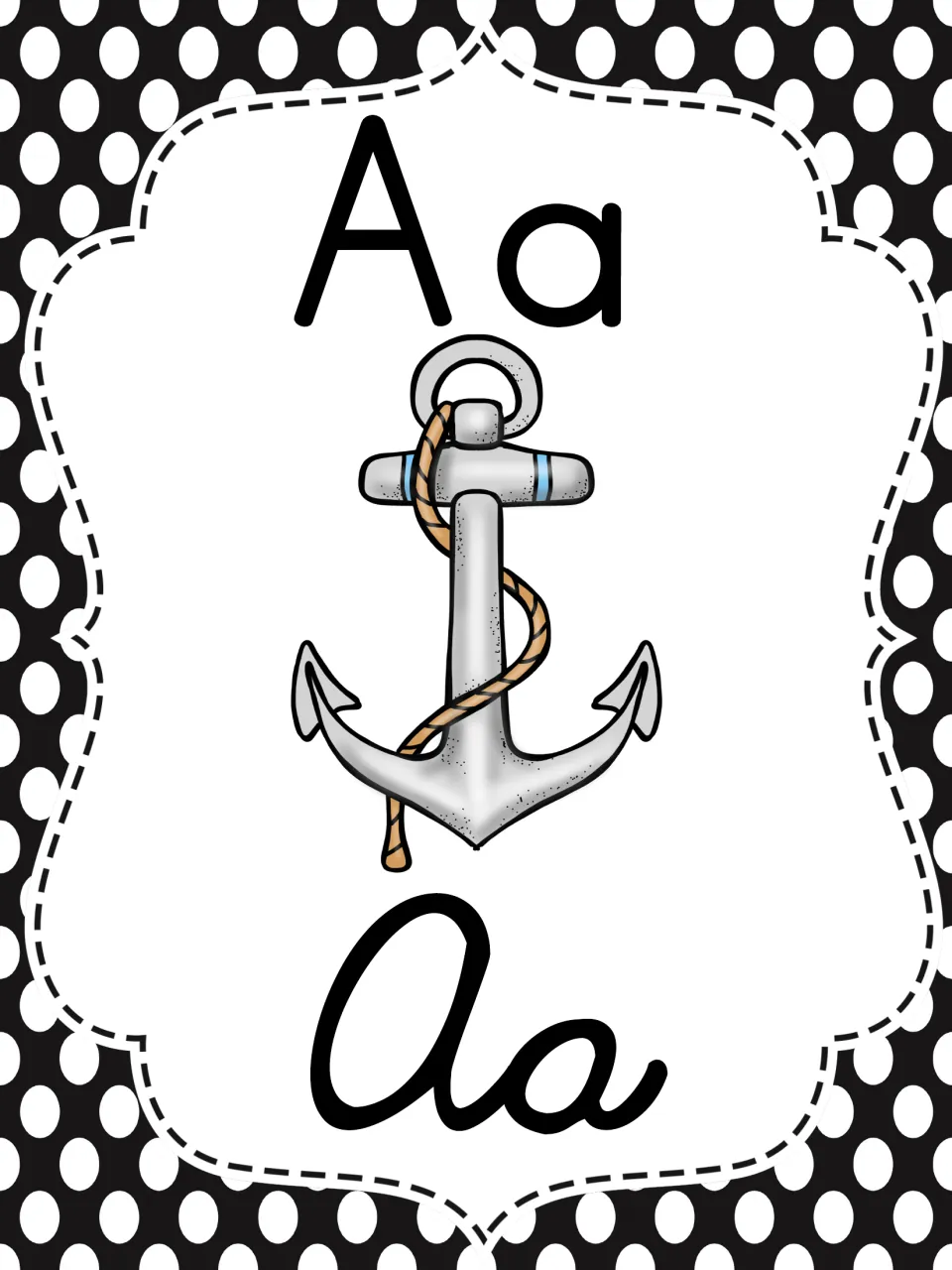 Letter A poster showing print Aa above an anchor picture and the cursive Aa below for matching the two handwriting styles
