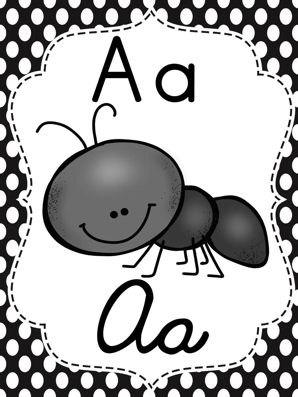 Letter A poster with a smiling cartoon ant between the printed Aa and its cursive form, linking the letter to its sound