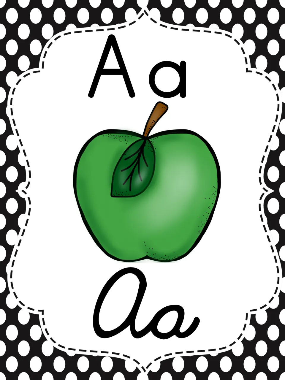 Letter A poster pairing a green apple picture with manuscript Aa at the top and joined cursive Aa at the bottom