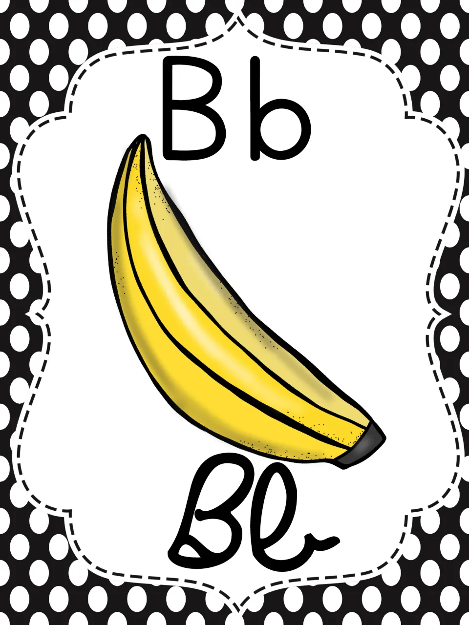 Letter B poster featuring a yellow banana between the printed Bb and cursive Bb so students compare both letterforms