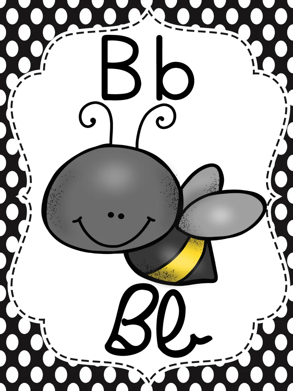 Letter B poster with a smiling bumblebee picture, printed Bb above and cursive Bb below as a beginning-sound cue