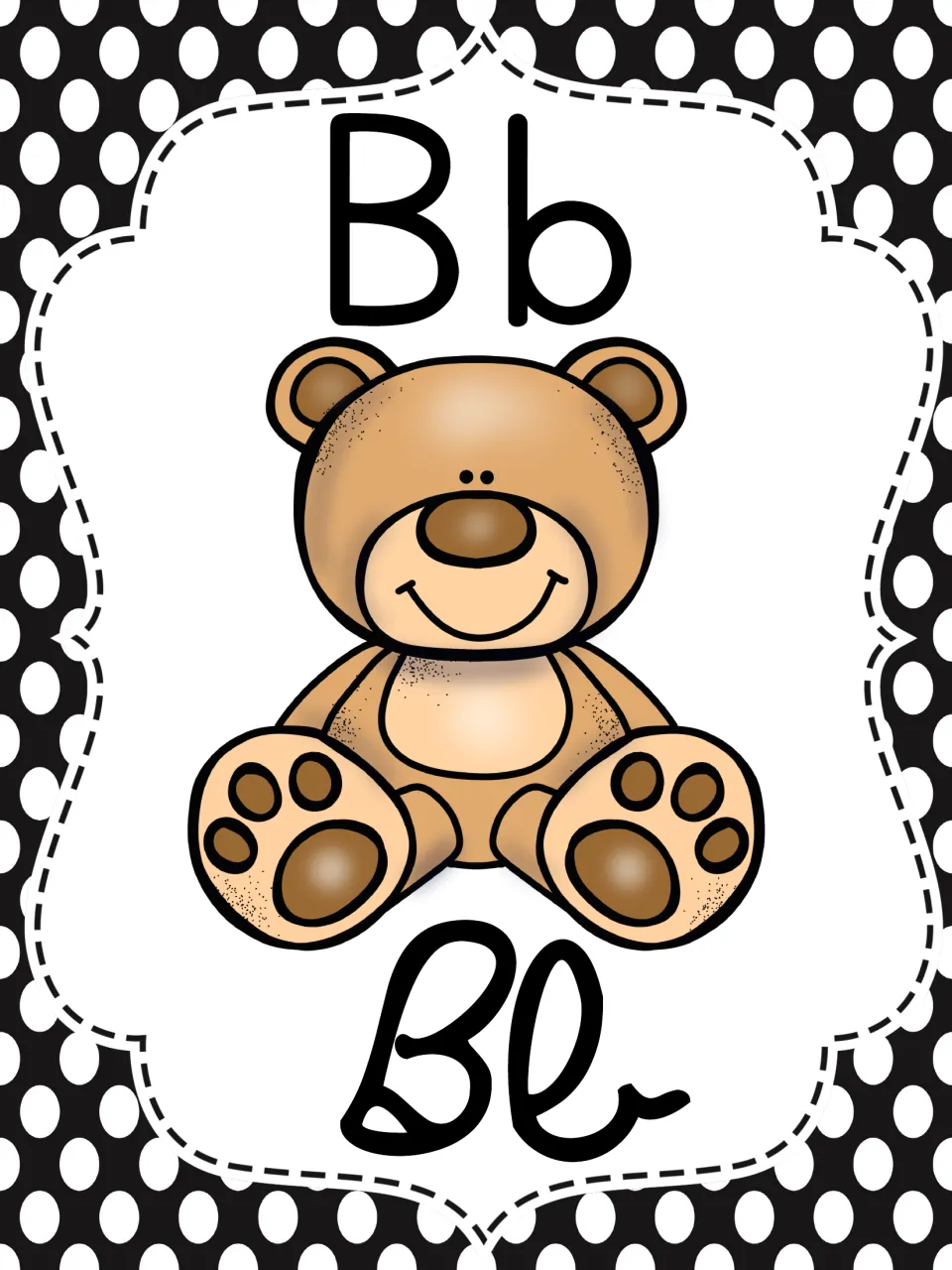 Letter B poster showing a brown teddy bear between manuscript Bb and cursive Bb for letter recognition and handwriting