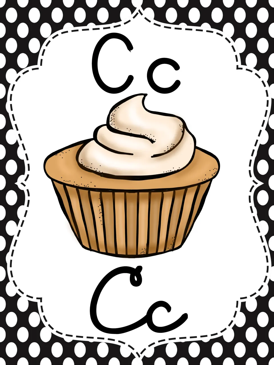 Letter C poster with a frosted cupcake picture between print Cc and cursive Cc, modelling how capital and lowercase C look