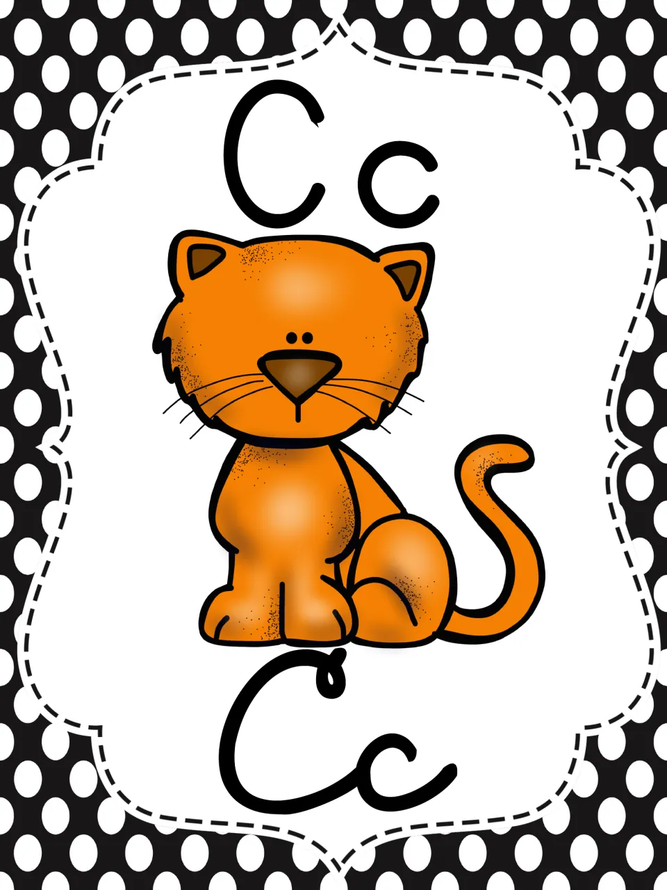 Letter C poster featuring an orange cat between printed Cc at the top and cursive Cc at the bottom as a sound picture cue