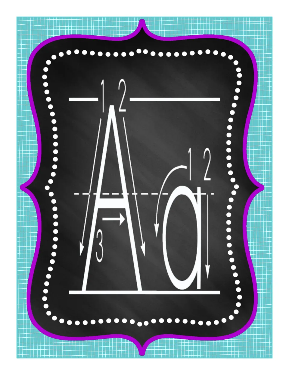 Alphabet poster for uppercase A and lowercase a, with numbered arrows showing how to form both letters
