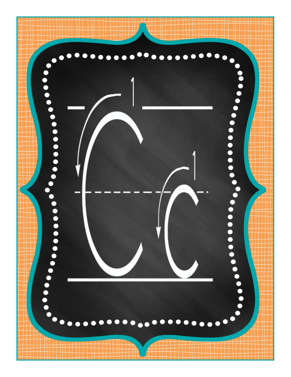 Alphabet poster for uppercase C and lowercase c, each paired with a curved arrow marking its single stroke