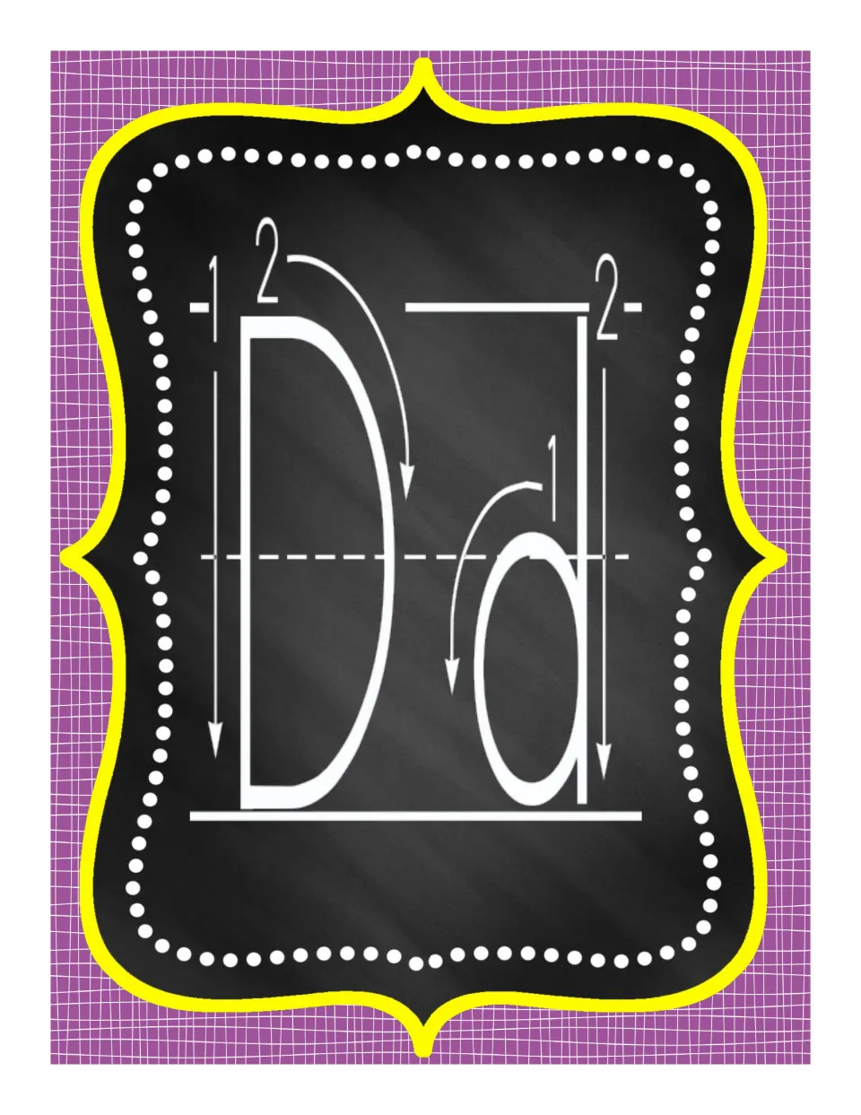 Alphabet poster for uppercase D and lowercase d, with numbered arrows showing two strokes for each letter