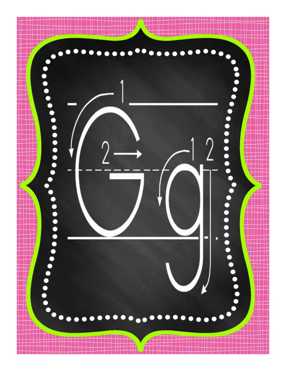 Alphabet poster for uppercase G and lowercase g, with numbered arrows guiding curved and straight strokes