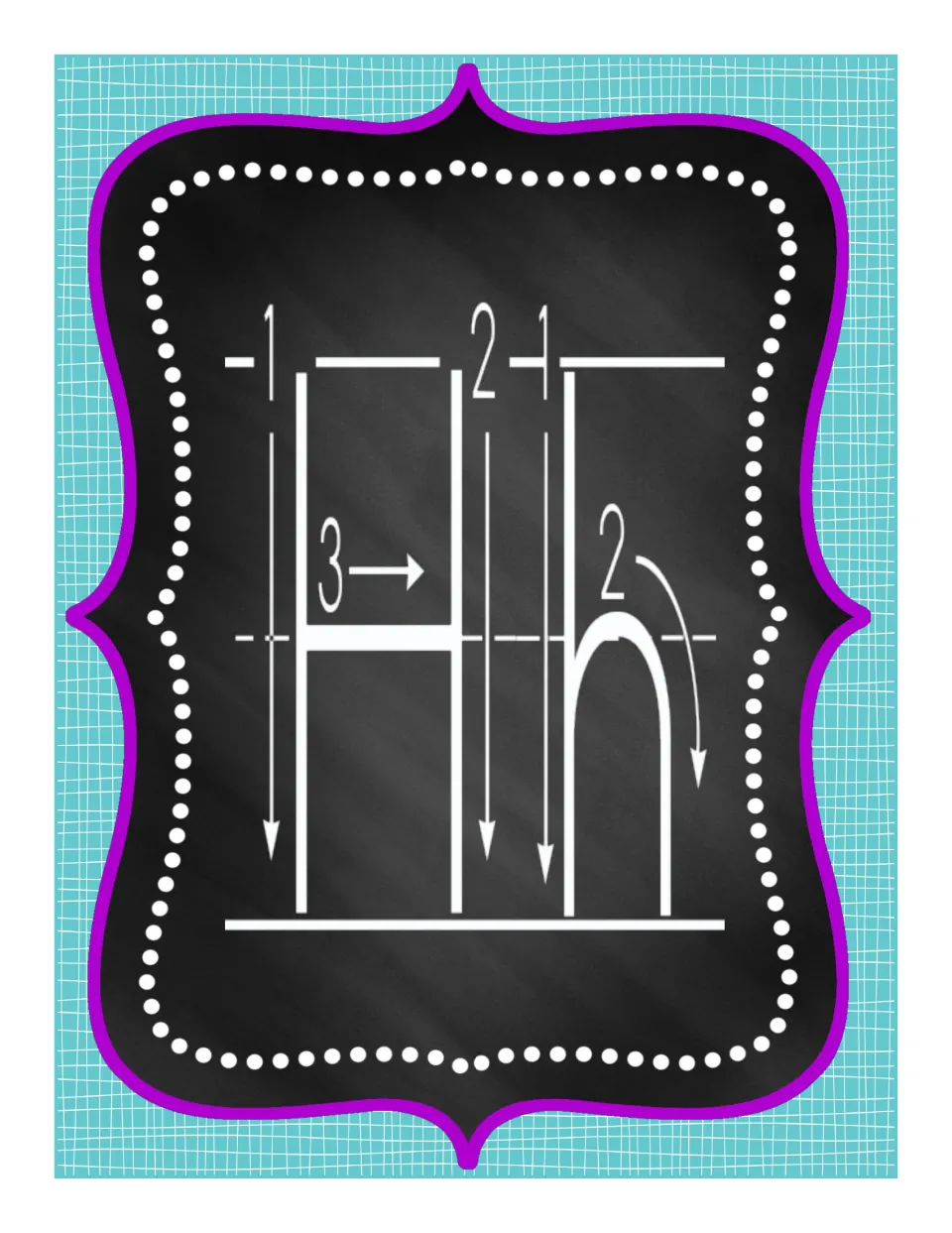Alphabet poster for uppercase H and lowercase h, with three numbered strokes for H and two strokes for h