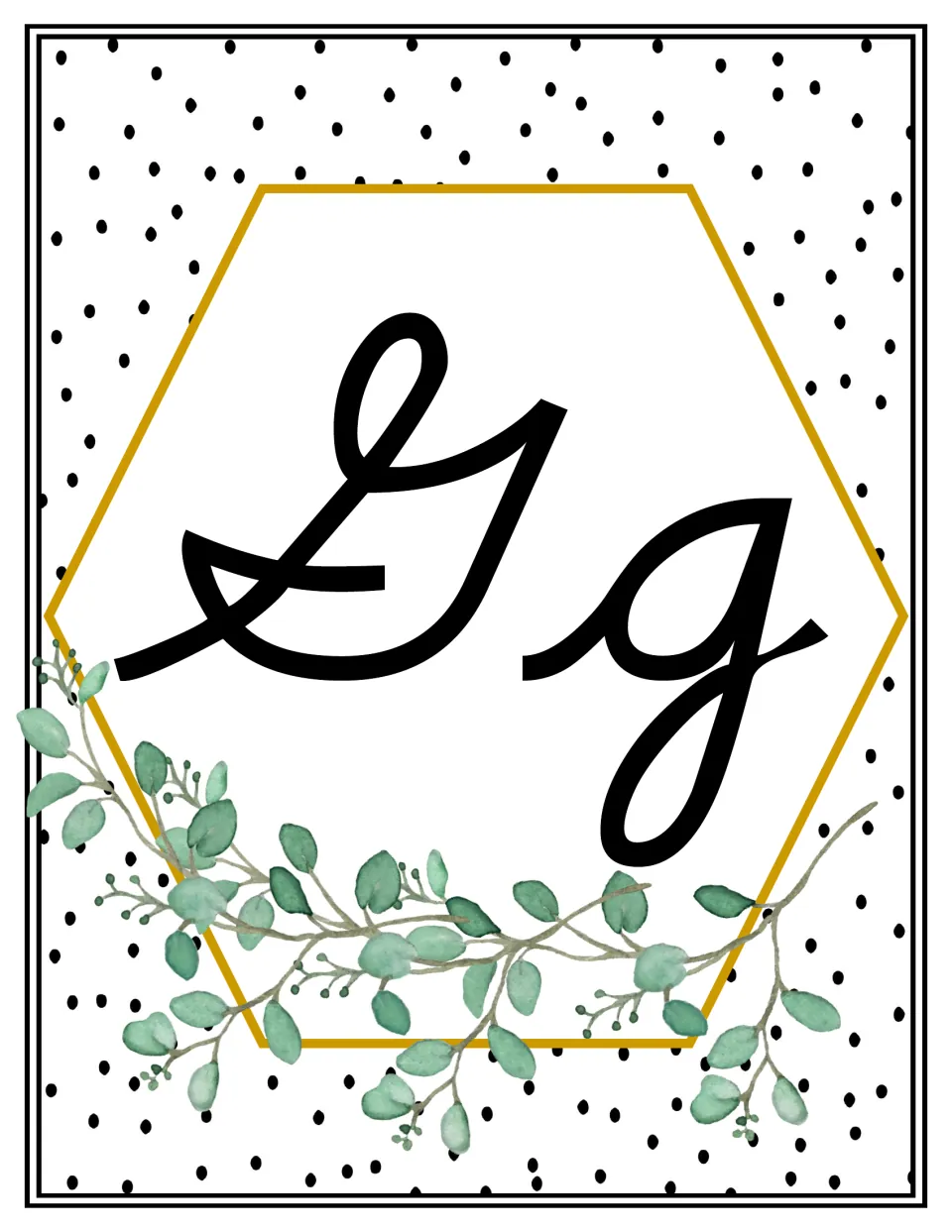 Alphabet poster showing uppercase G and lowercase g in cursive for classroom display and letter reference.