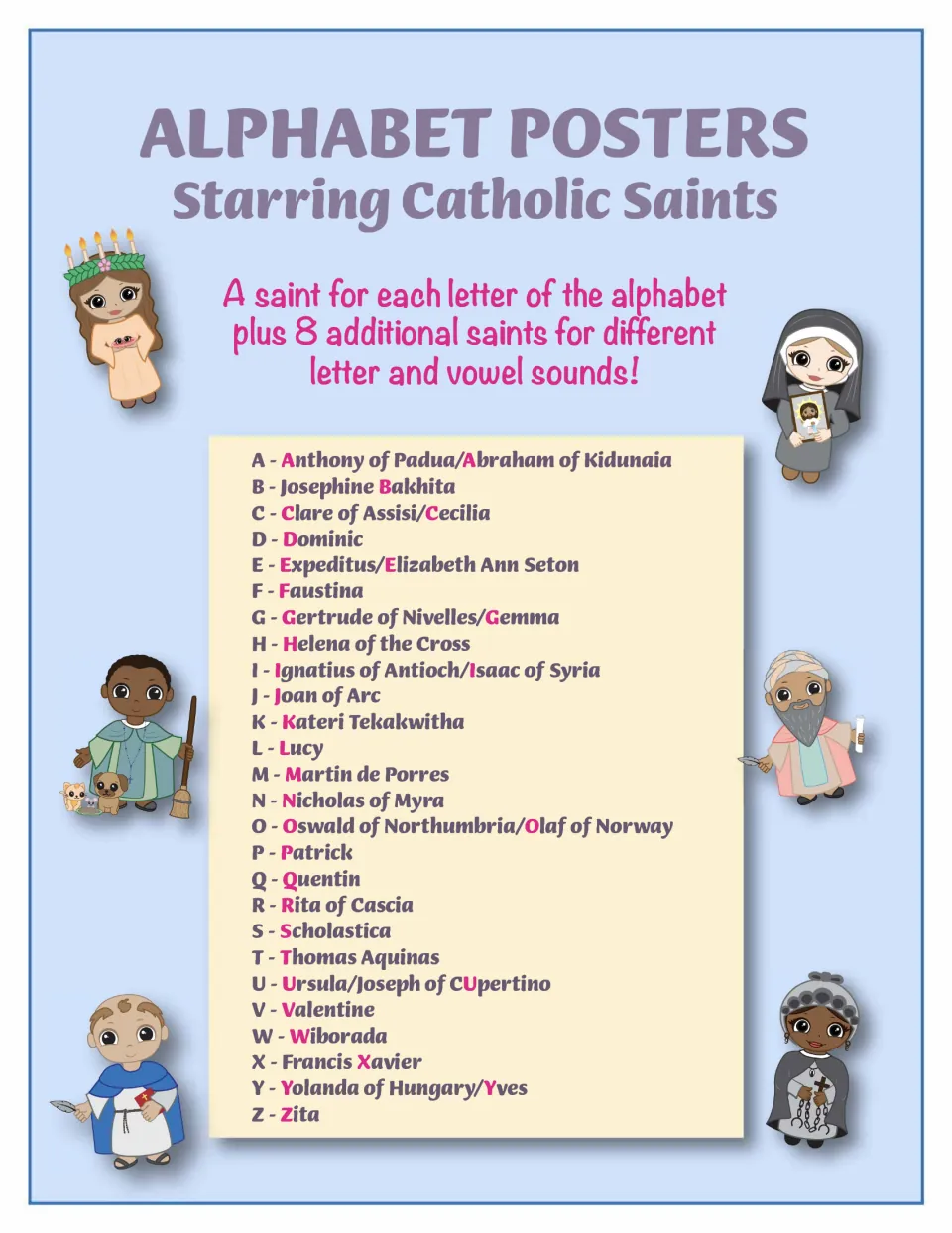 Cover of the Catholic saints alphabet poster set, listing saints for A–Z and eight additional letter sounds
