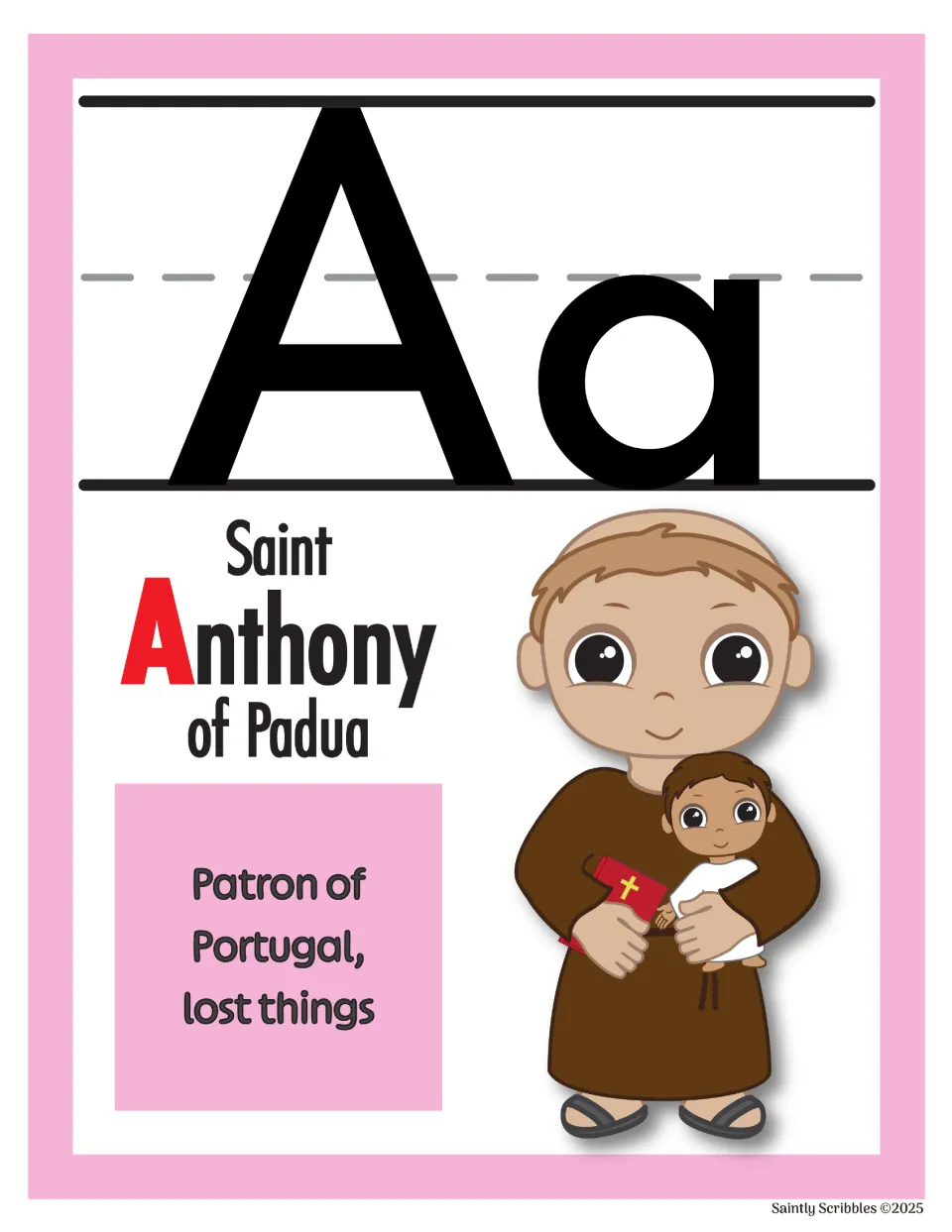 Alphabet poster for uppercase A and lowercase a: Saint Anthony of Padua, patron of Portugal and lost things