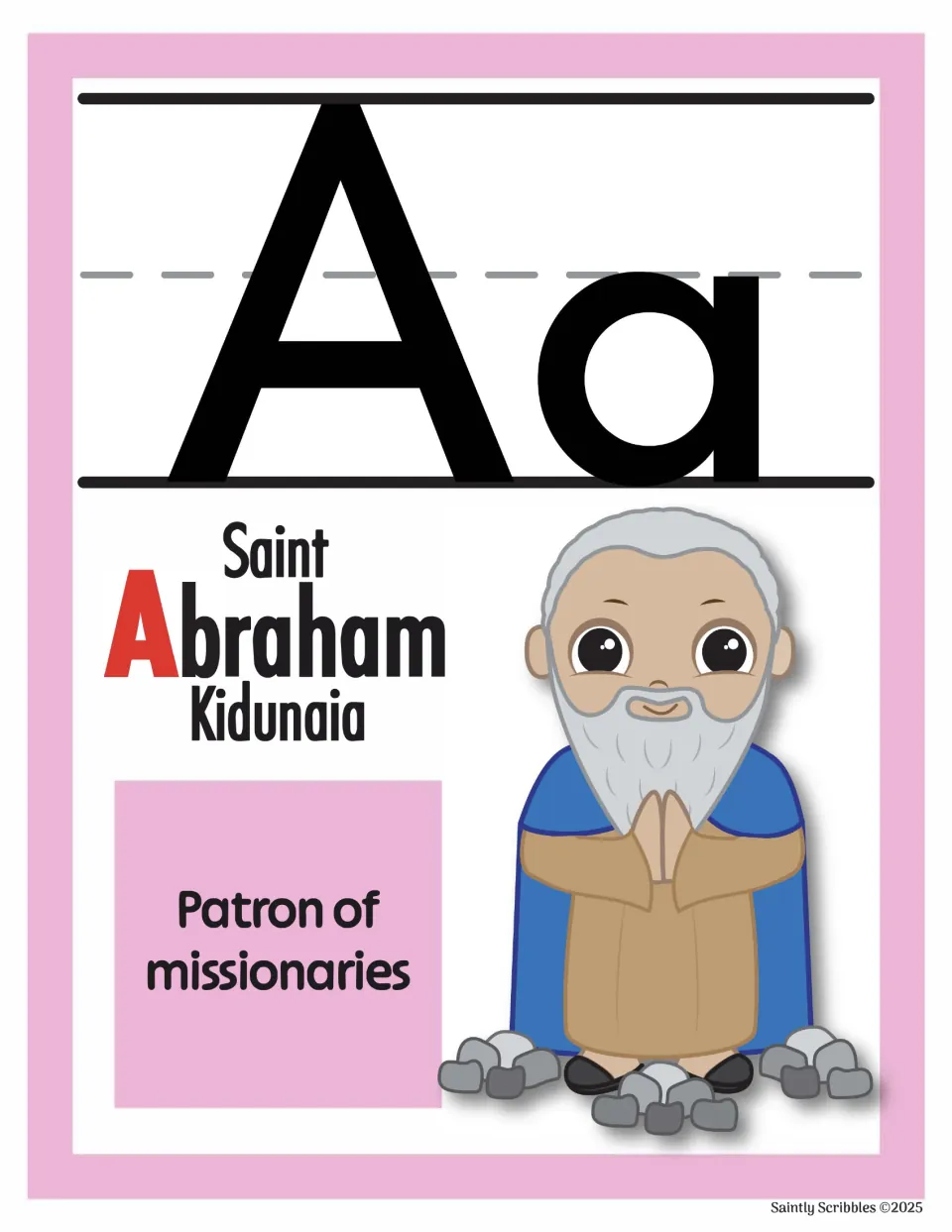 Alphabet poster for uppercase A and lowercase a: Saint Abraham Kidunaia, shown as patron of missionaries