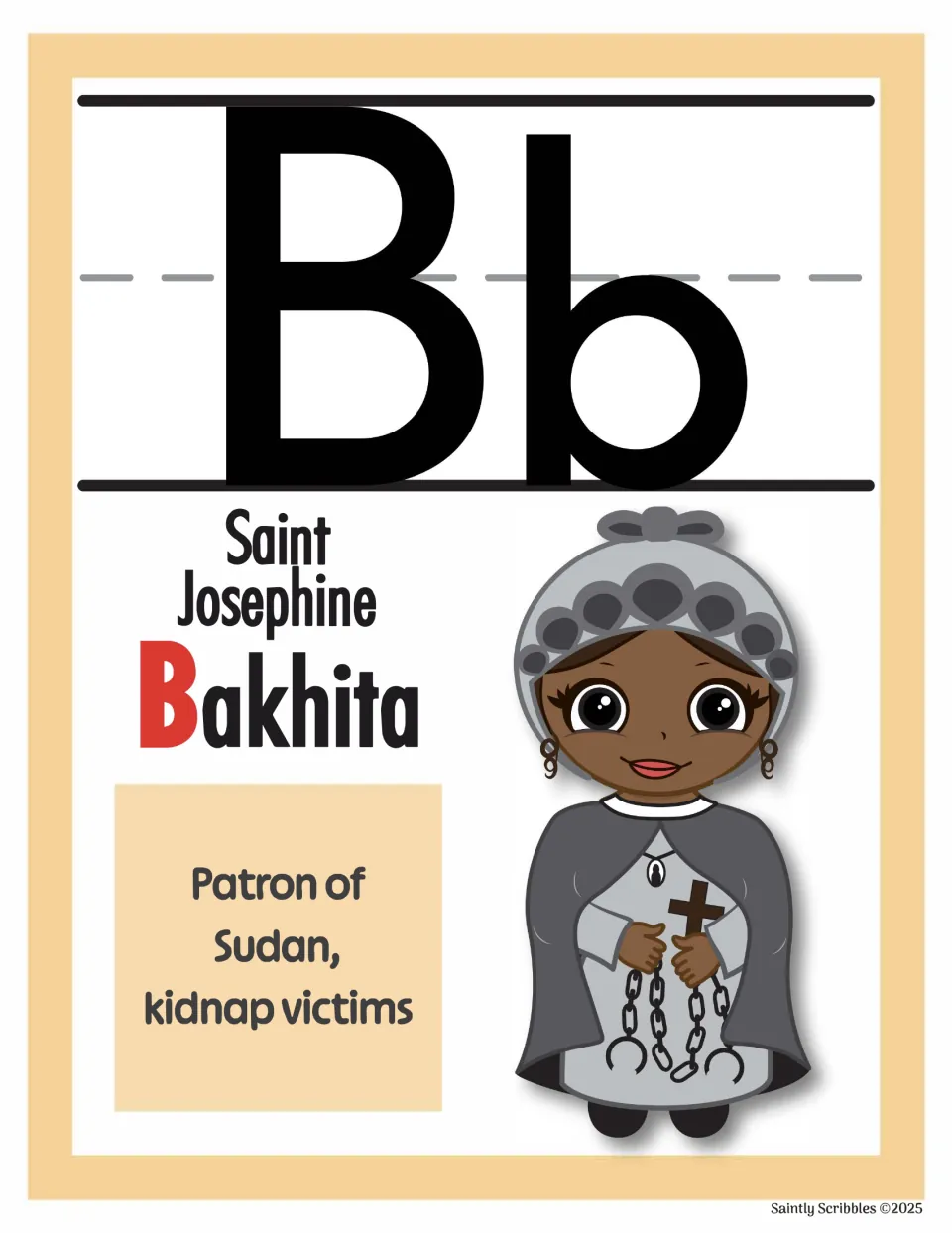 Alphabet poster for uppercase B and lowercase b: Saint Josephine Bakhita, patron of Sudan and kidnap victims