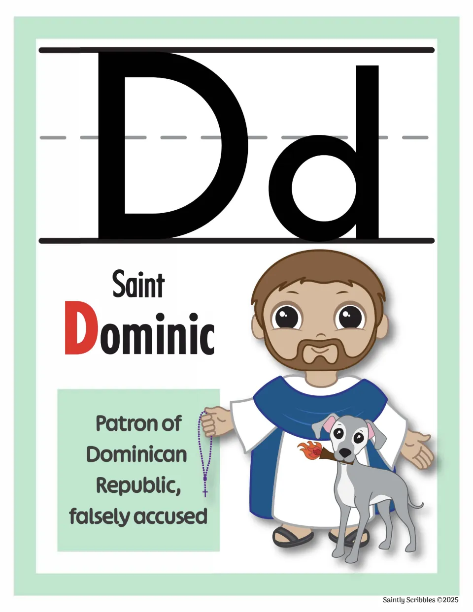 Dd alphabet poster: Saint Dominic, identified as patron of the Dominican Republic and the falsely accused