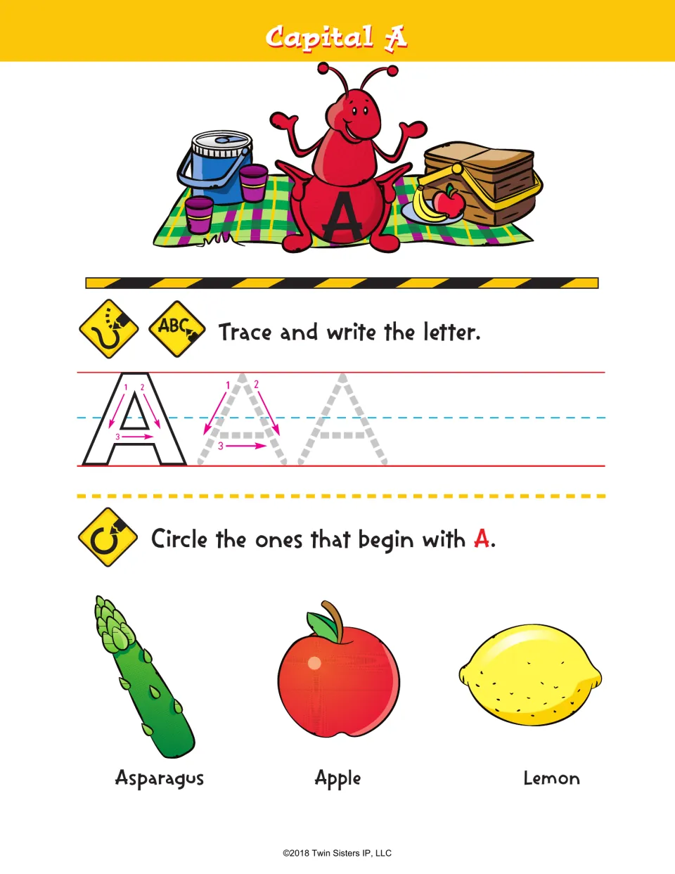 Capital A: students trace and write A using numbered strokes, then circle asparagus, apple or lemon if it starts with A
