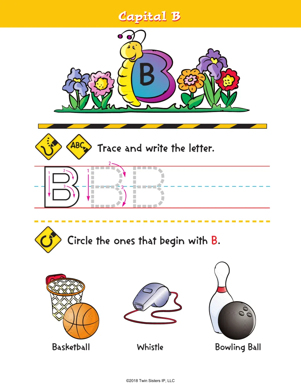 Capital B: students trace and write B, then circle which of basketball, whistle and bowling ball begin with B