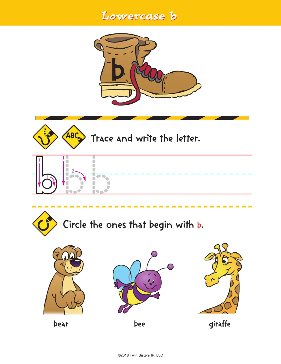 Lowercase b: students trace and write b along stroke arrows, then circle which of bear, bee and giraffe begin with b