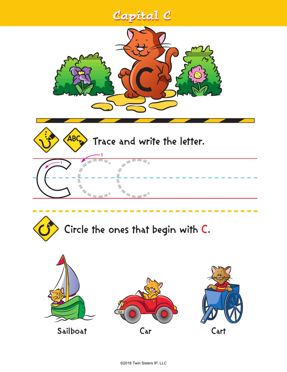 Capital C: students trace and write C from the stroke arrow, then circle the sailboat, car or cart that begins with C