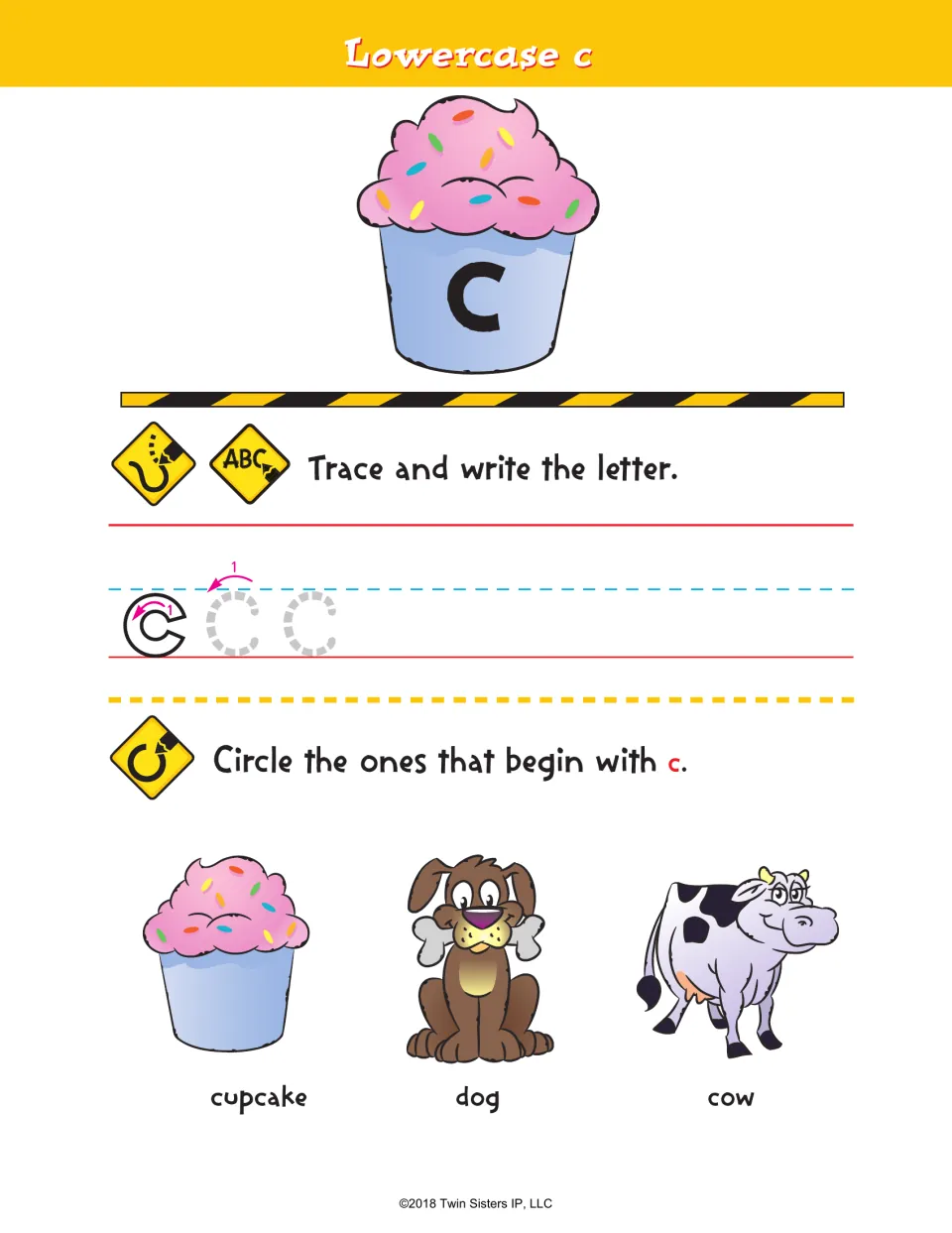 Lowercase c: students trace and write c from a starting arrow, then circle the cupcake, dog or cow beginning with c