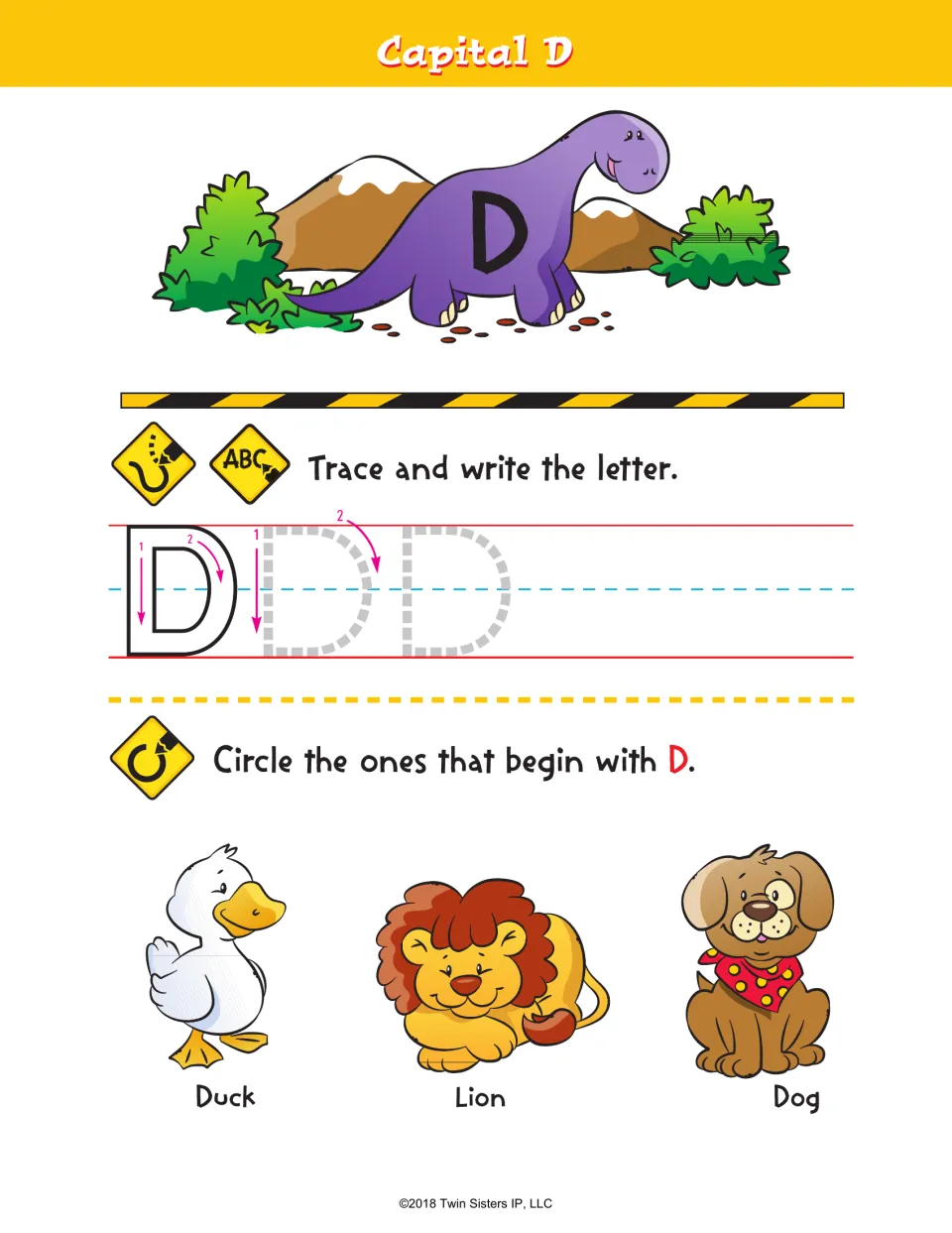 Capital D: students trace and write D using two numbered strokes, then circle the duck, lion or dog that starts with D