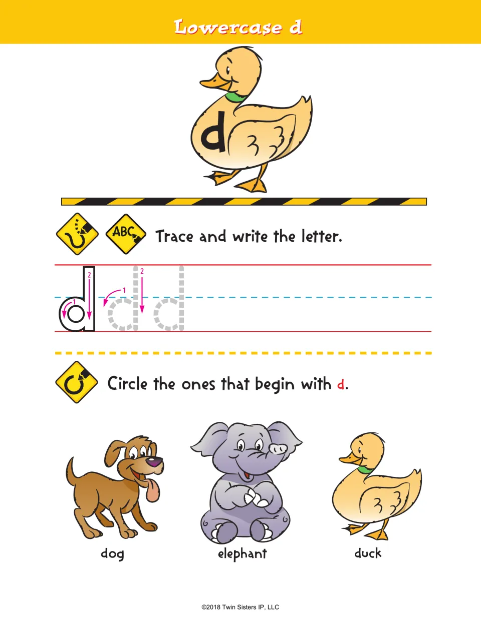 Lowercase d: students trace and write d following stroke arrows, then circle the dog, elephant or duck beginning with d