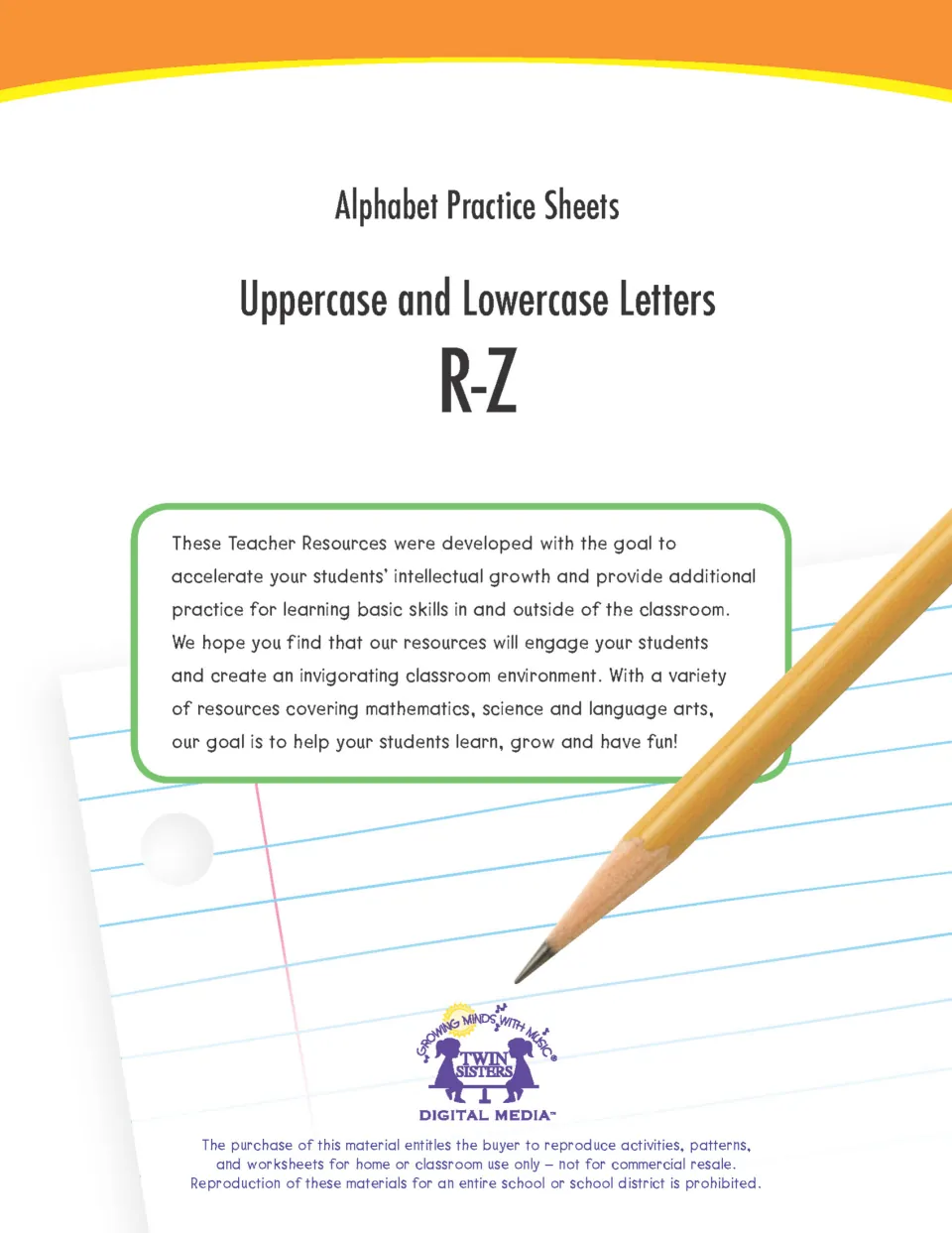 Cover of Alphabet Practice Sheets, Uppercase and Lowercase Letters R-Z, with a pencil on lined paper and a Twin Sisters logo