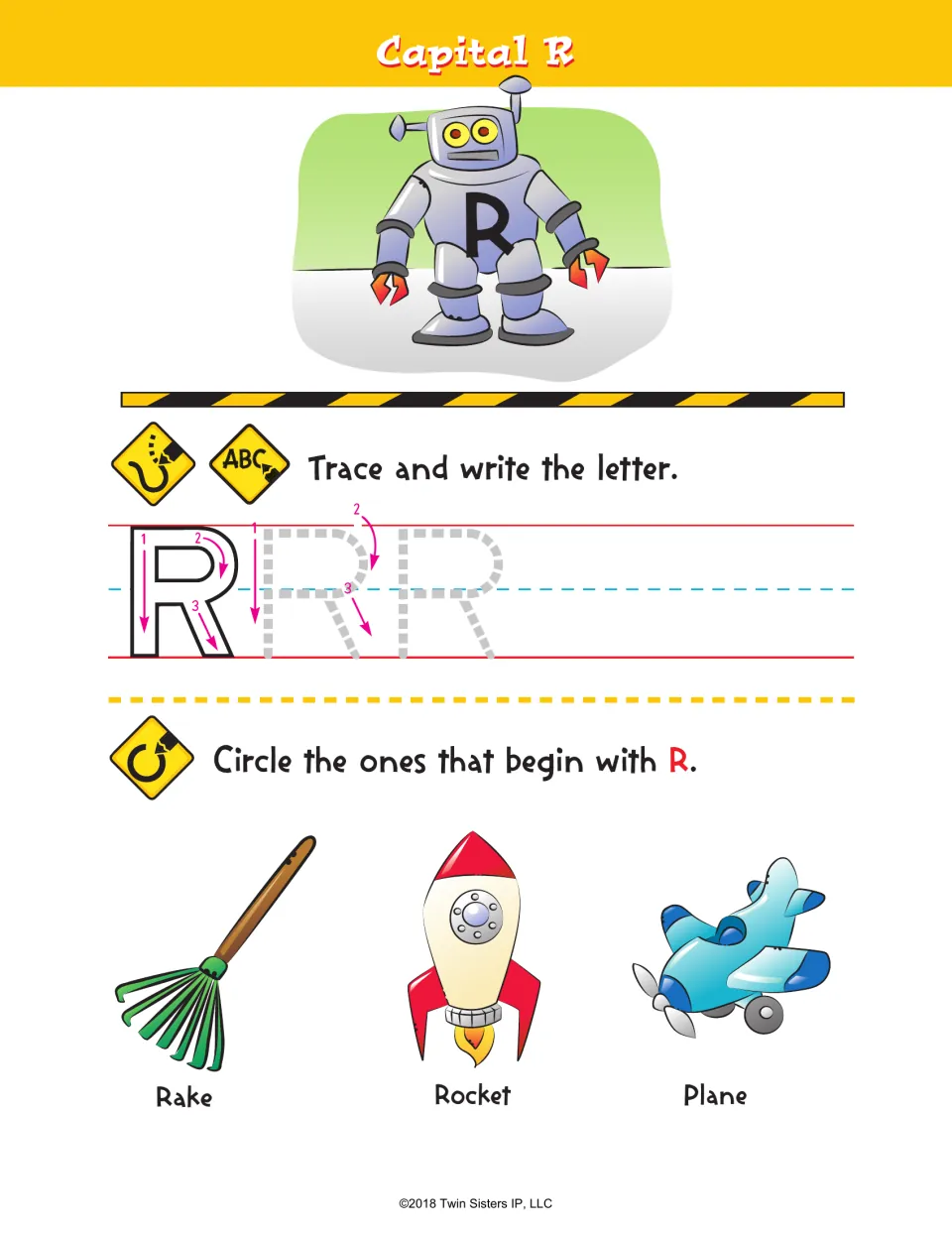 Capital R handwriting: students trace R by stroke order, then circle R pictures from rake, rocket and plane
