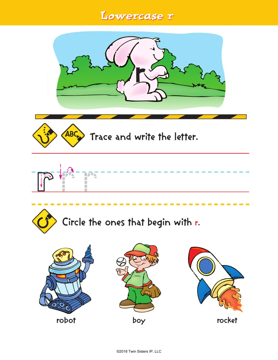 Lowercase r practice: students trace r following stroke order, then circle robot, boy or rocket if the word starts with r