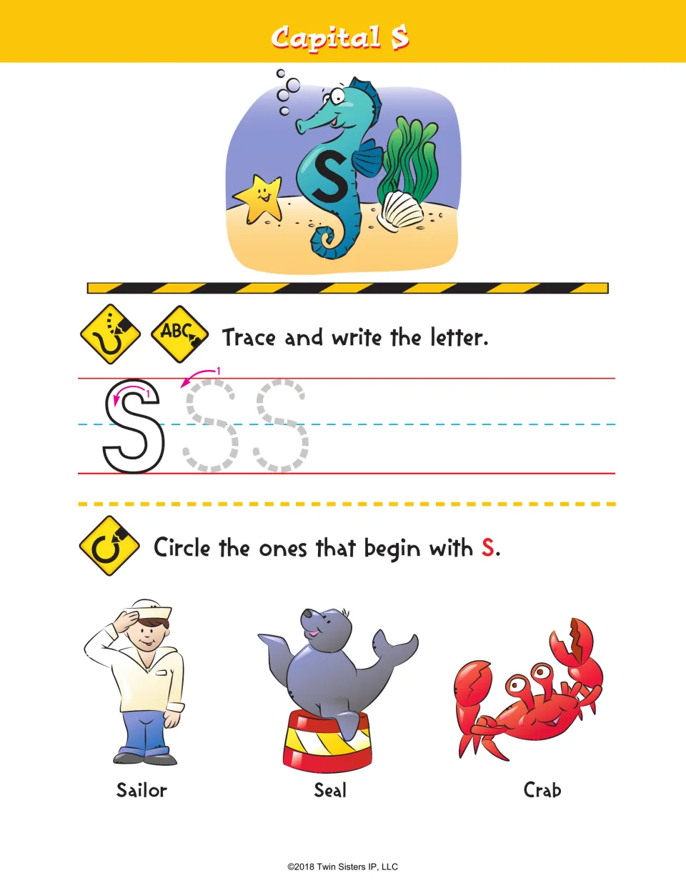 Capital S letter formation: students trace S, then find the pictures starting with S among sailor, seal and crab