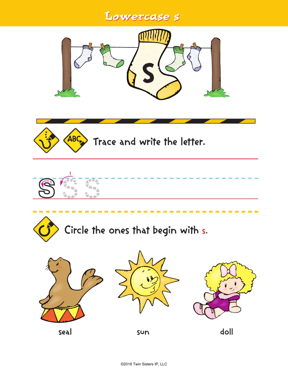Lowercase s tracing with stroke arrows, then a beginning sounds task: circle the s pictures among seal, sun and doll