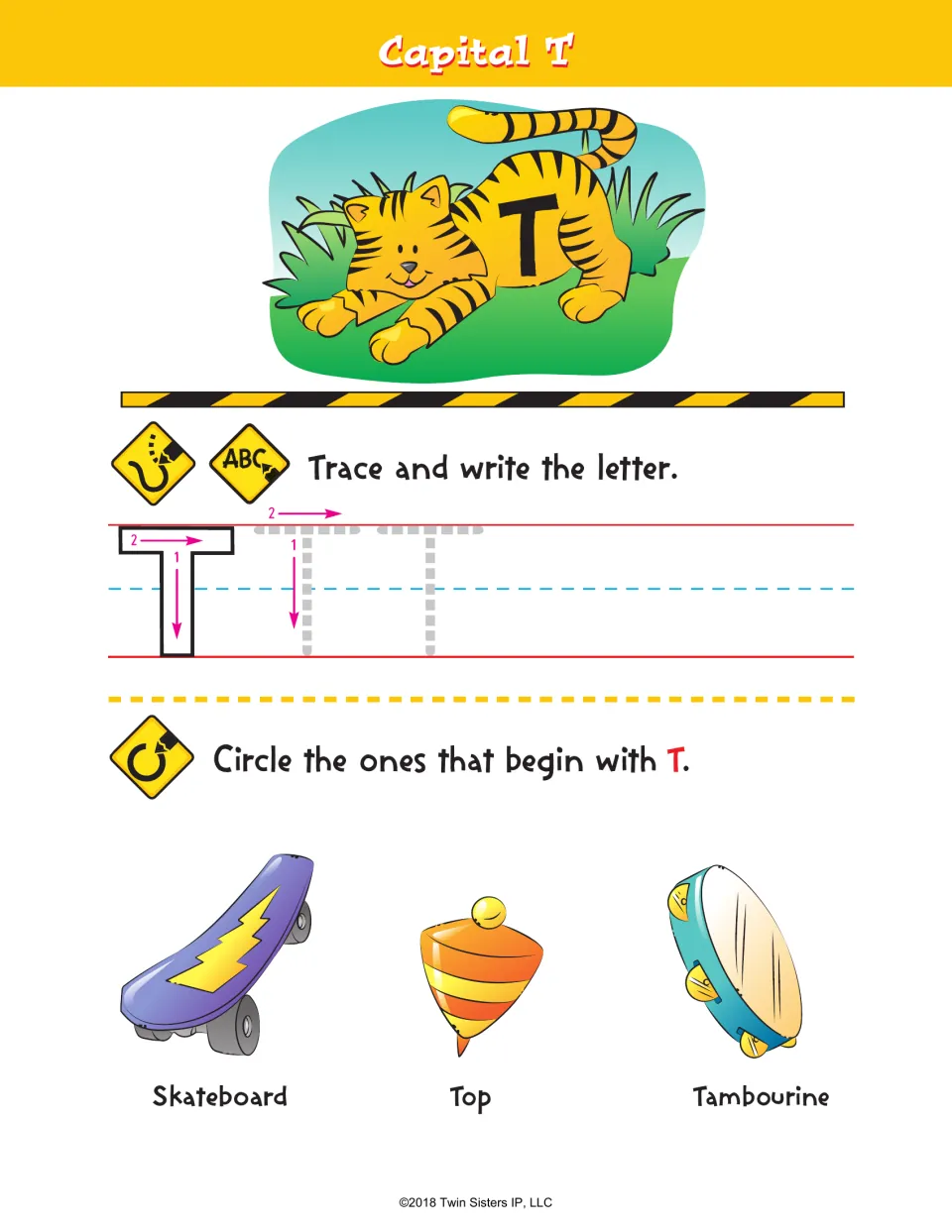 Capital T practice: students trace T in two numbered strokes, then circle T pictures from skateboard, top and tambourine