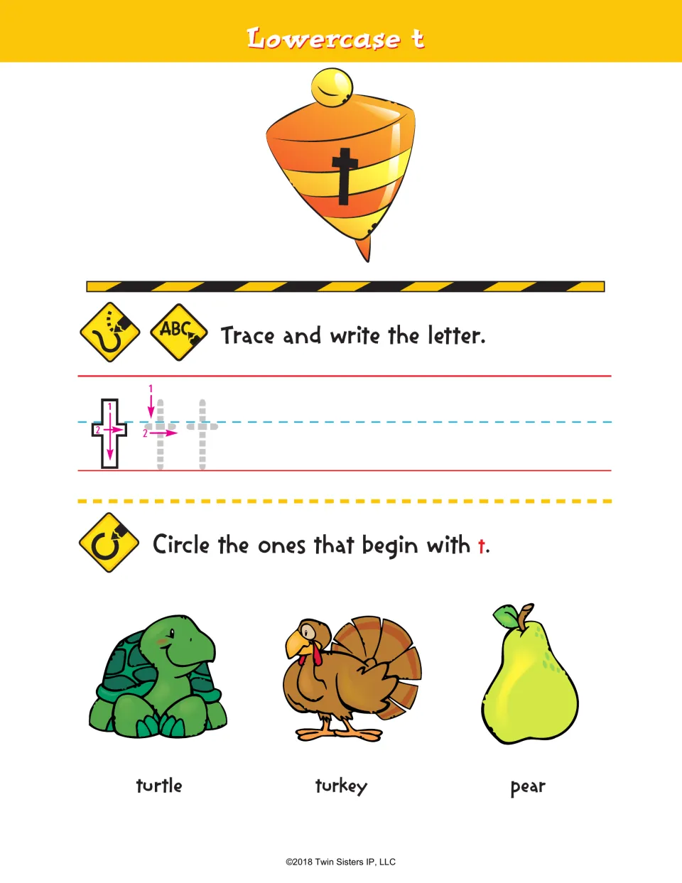 Lowercase t: students trace t following numbered strokes, then identify initial t sounds by circling turtle, turkey or pear