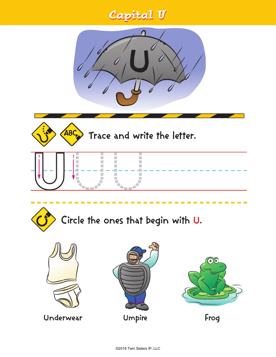 Capital U: students trace U under an umbrella picture, then circle the U words among underwear, umpire and frog