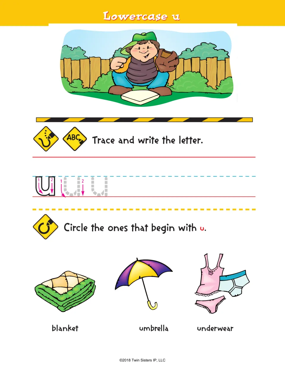 Lowercase u: students trace u with stroke arrows, then pick the pictures that begin with u from blanket, umbrella, underwear