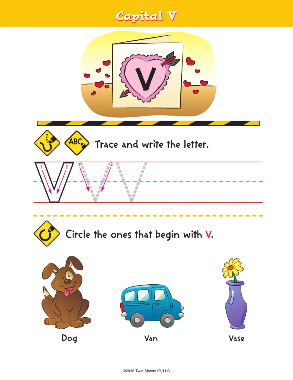 Capital V practice with a valentine picture: students trace V in two strokes, then circle V words among dog, van and vase