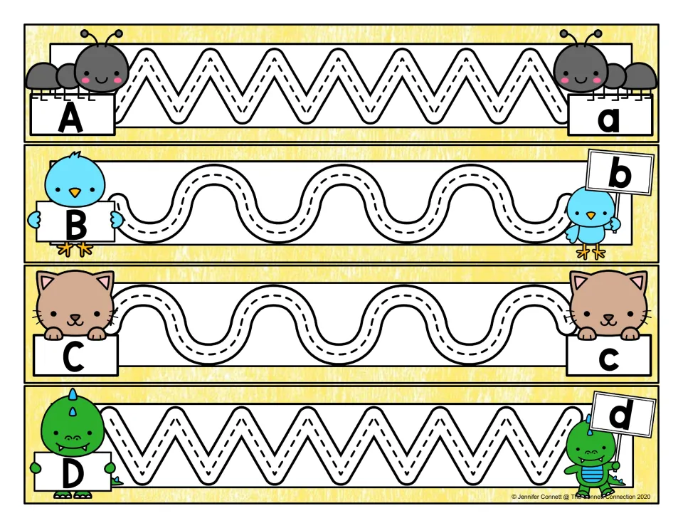 Letters A-D tracing strips: students trace dashed zigzag and wave paths from capital to lowercase; ant, bird, cat, dinosaur