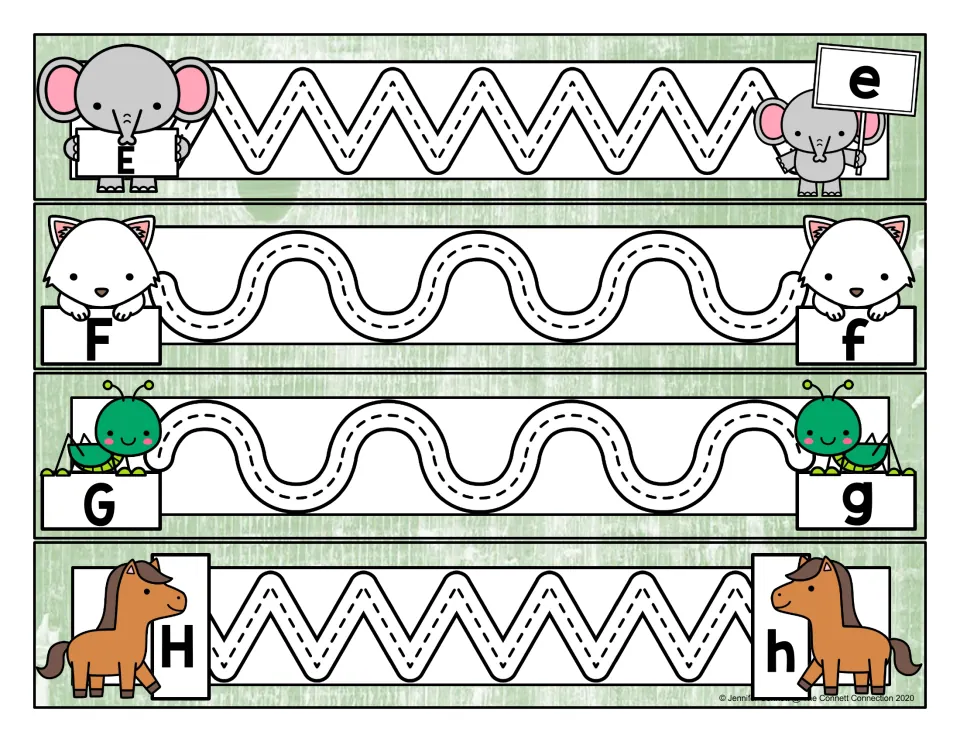 Letters E-H strips: students trace dashed zigzag and wave paths between letter pairs; elephant, fox, grasshopper, horse