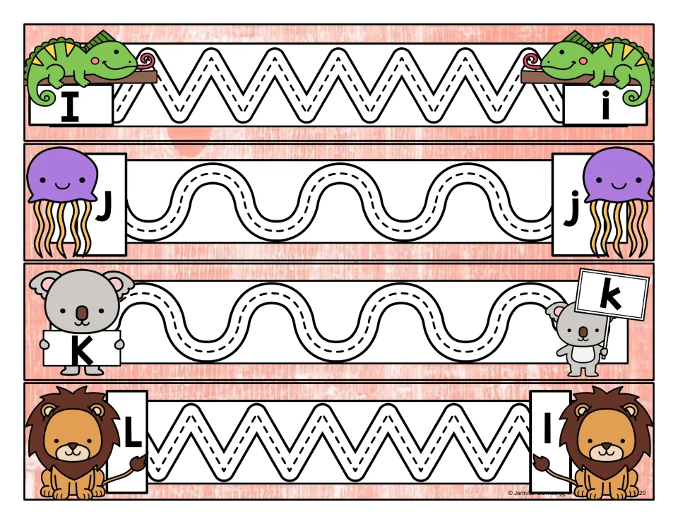 Letters I-L strips: students trace dashed zigzag and wave paths, capital to lowercase; lizard, jellyfish, koala, lion