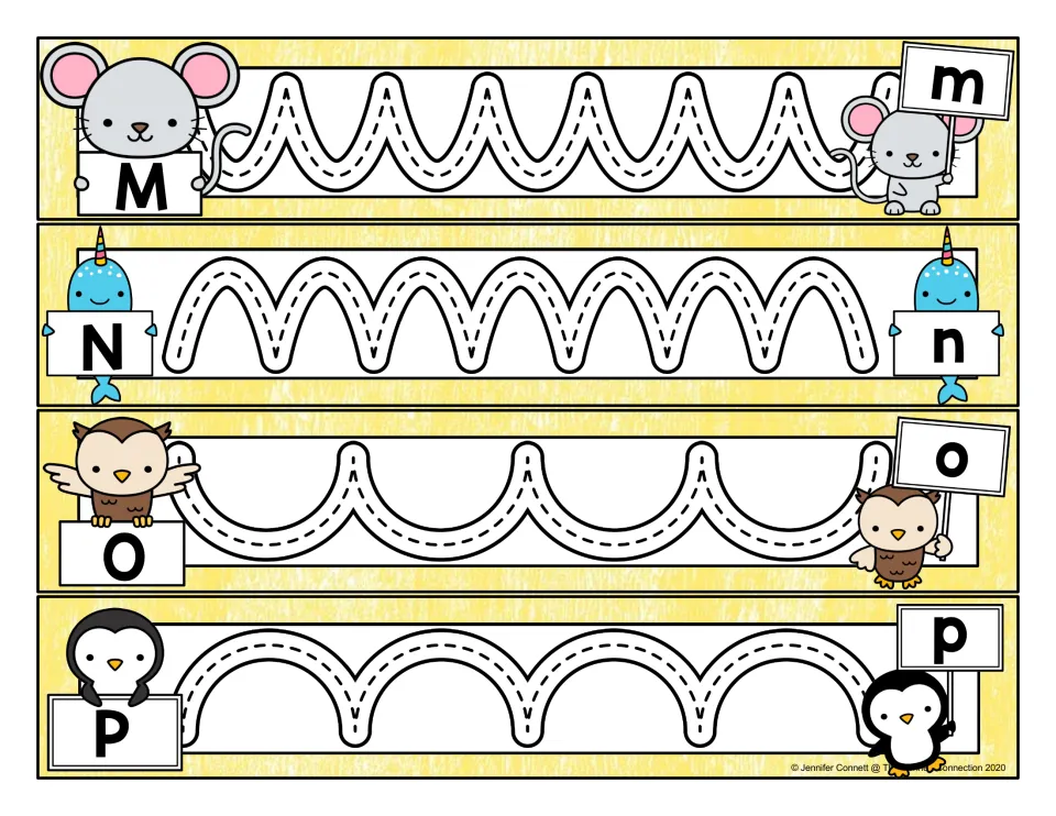 Letters M-P strips: students trace cup, hump, scallop and arch paths linking each letter pair; mouse, narwhal, owl, penguin