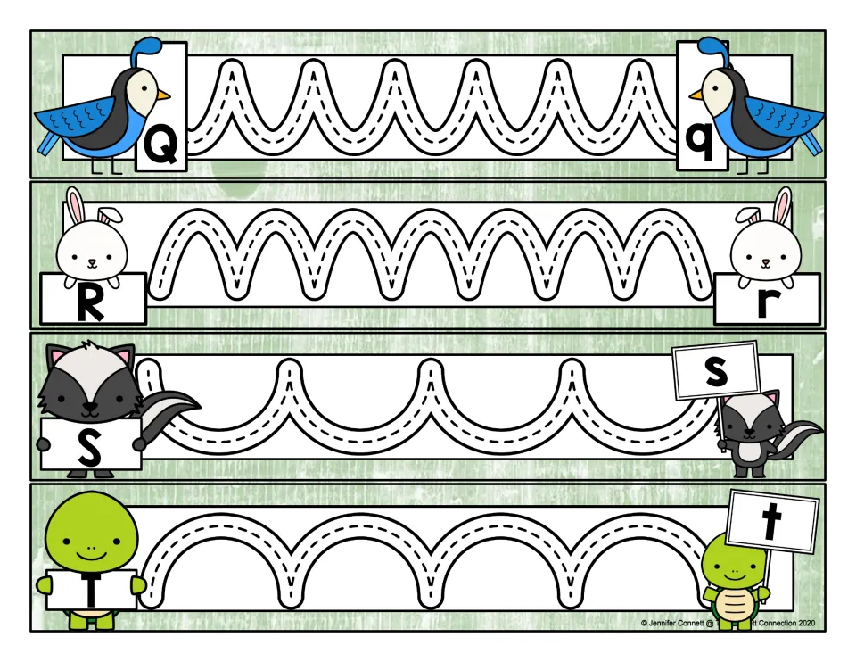 Q-T letter strips: students trace curve, hump, scallop and arch paths; quail, rabbit, skunk and turtle hold the letters
